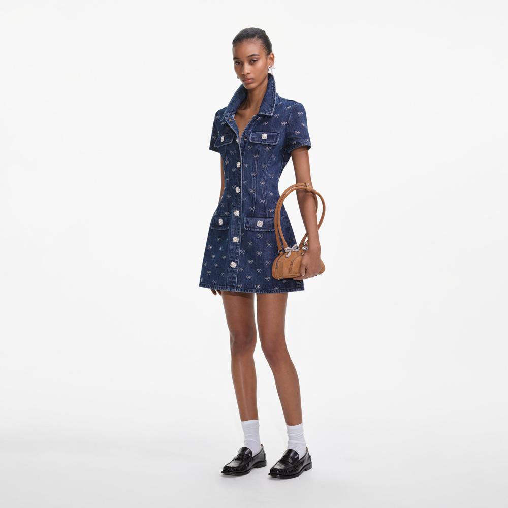 SP VIP PRICE Denim Diamante Bow Collared Mini Dress