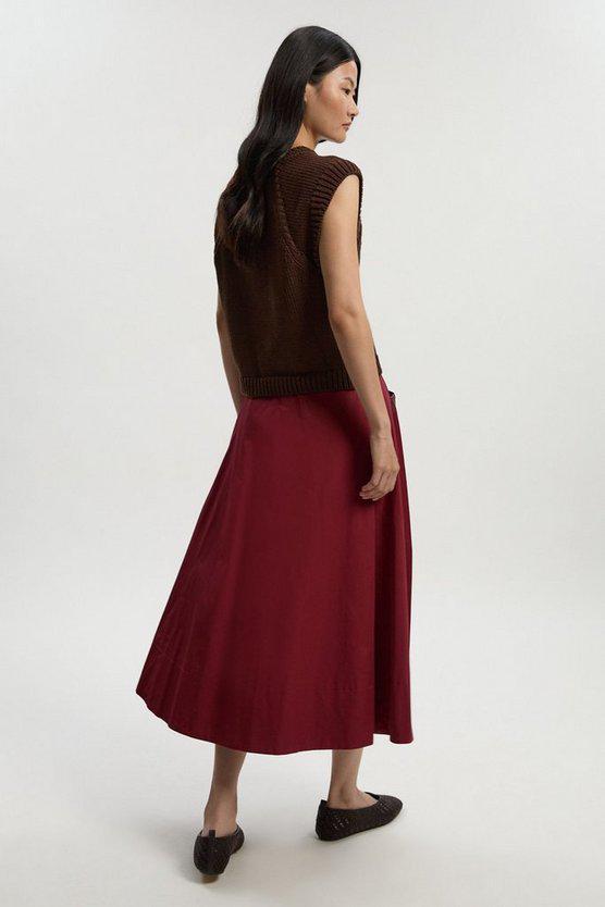 Karen Millen UK SALE Cotton & Faux Leather Tab Full Maxi Skirt - burgundy