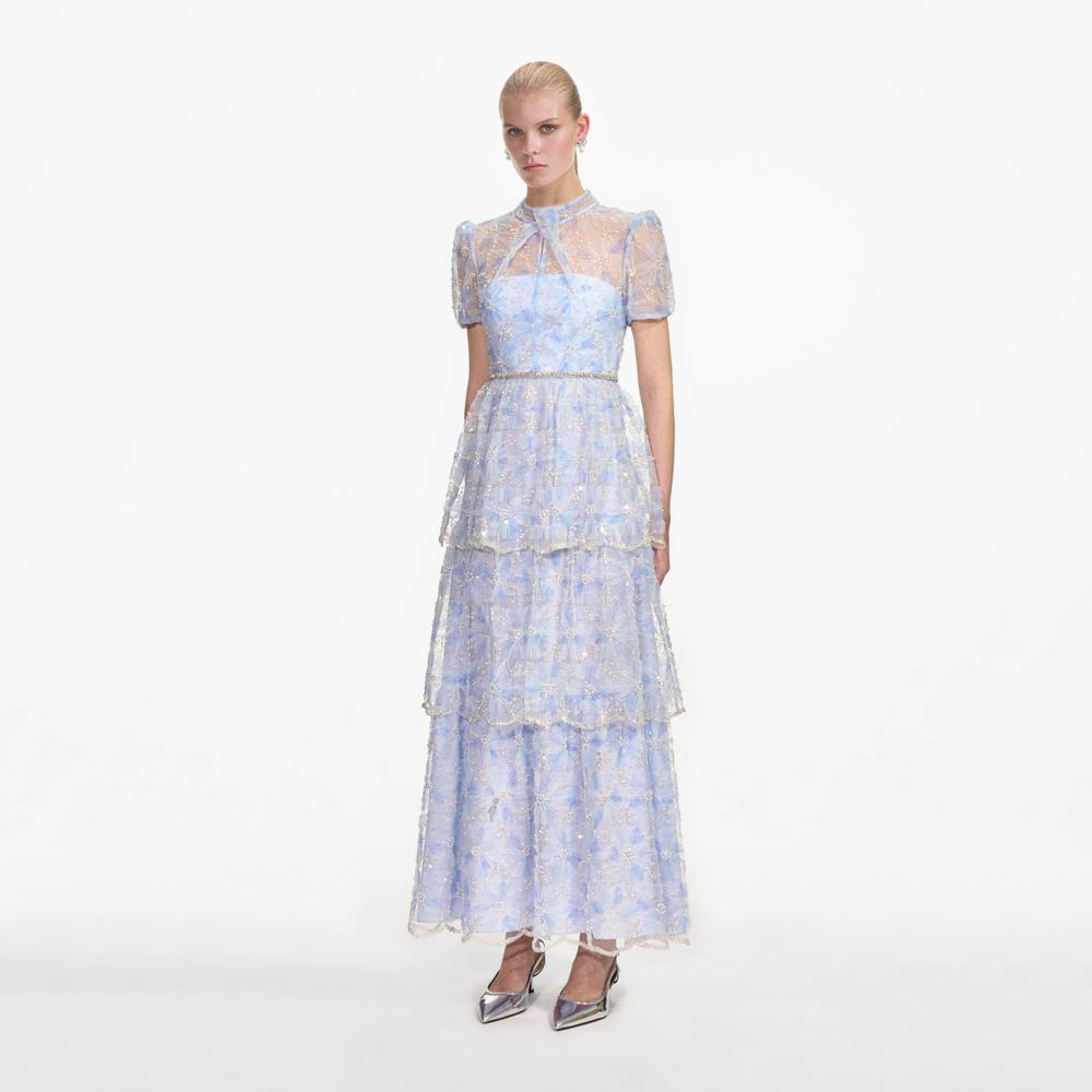 SELF PORTRAIT VIP SS24 Blue Beaded Sequin Lace Maxi Dress