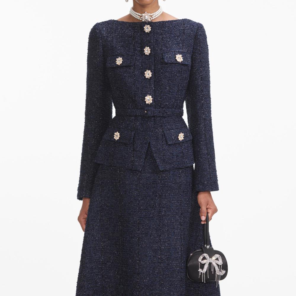 SELF PORTRAIT VIP SS24 Navy Metallic Boucle Midi Dress