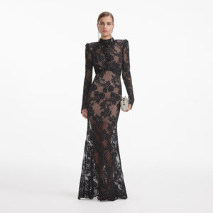 SELF PORTRAIT SS24 Black Rhinestone Lace Maxi Dress