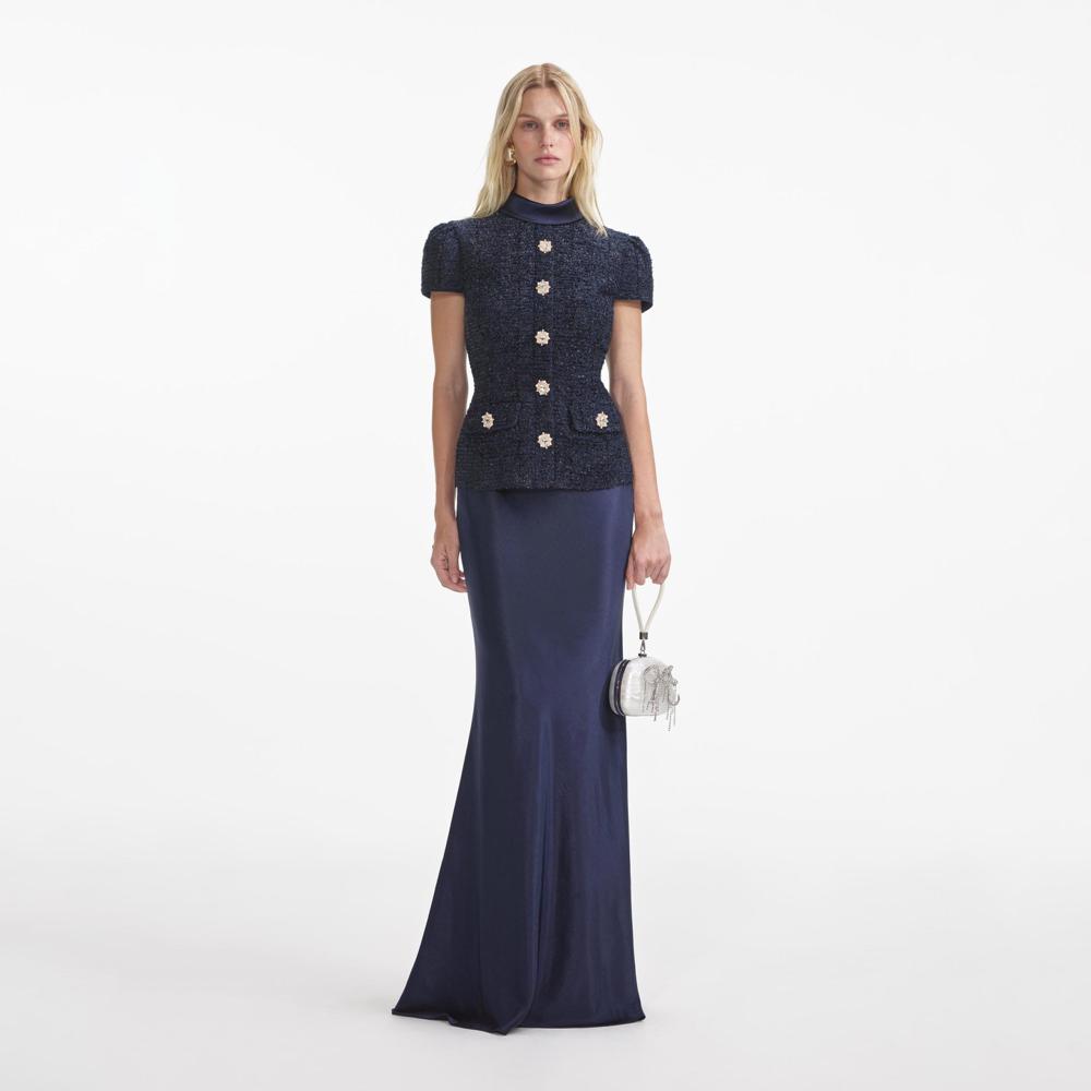 SELF PORTRAIT VIP SS24 Navy Metallic Boucle Maxi Dress