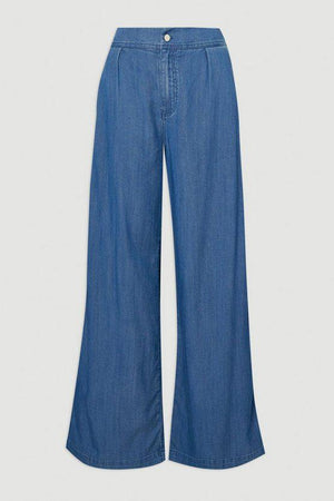 Karen Millen UK SALE Chambray Stretch Denim Wide Leg Trouser - mid blue