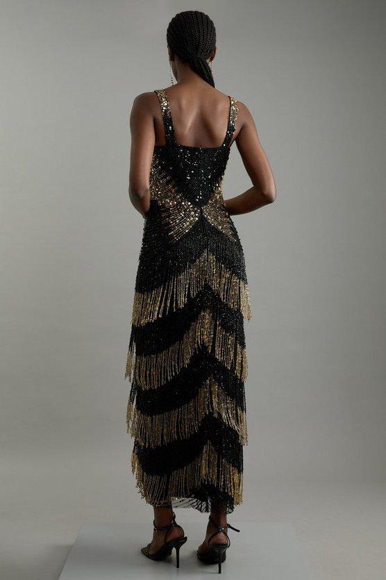 Karen Millen UK SALE Petite Embellished Mirrored Fringe Strappy Maxi Dress