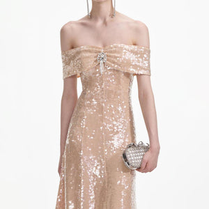 SELF PORTRAIT VIP SS24 Gold Sequin Off Shoulder Midi Dress