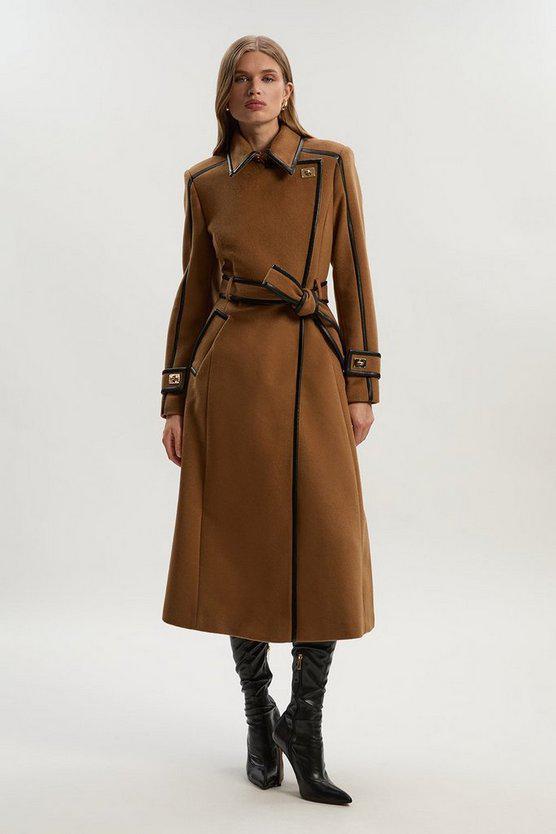 Karen Millen UK SALE Brushed Wool Pu Trim Belted Tailored Double Breasted Midi Coat - camel