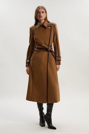 Karen Millen UK SALE Brushed Wool Pu Trim Belted Tailored Double Breasted Midi Coat - camel