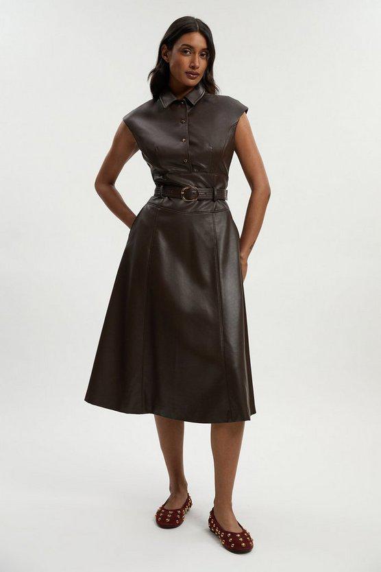 Karen Millen UK SALE Faux Leather Belted Midi Dress - chocolate