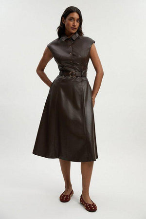 Karen Millen UK SALE Faux Leather Belted Midi Dress - chocolate