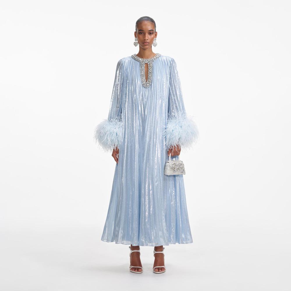 SELF PORTRAIT SS24 Blue Metallic Chiffon Feather Midi Dress