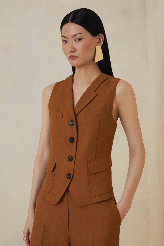 Karen Millen UK SALE The Founder Premium Tailored Tencel Linen Pocket Detail Waistcoat - dark tan