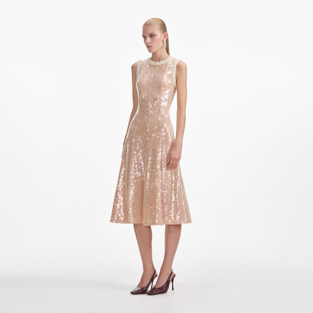 SELF PORTRAIT SS24 Sequin Pearl Trim Midi Dress