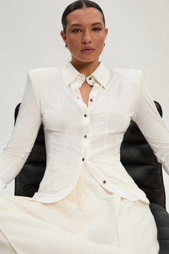 Karen Millen UK SALE Power Shoulder Drapey Crepe Seam Detail Shirt - ivory