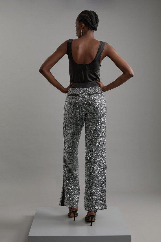 Karen Millen UK SALE Sequin High Waisted Wide Leg Trousers - gun metal