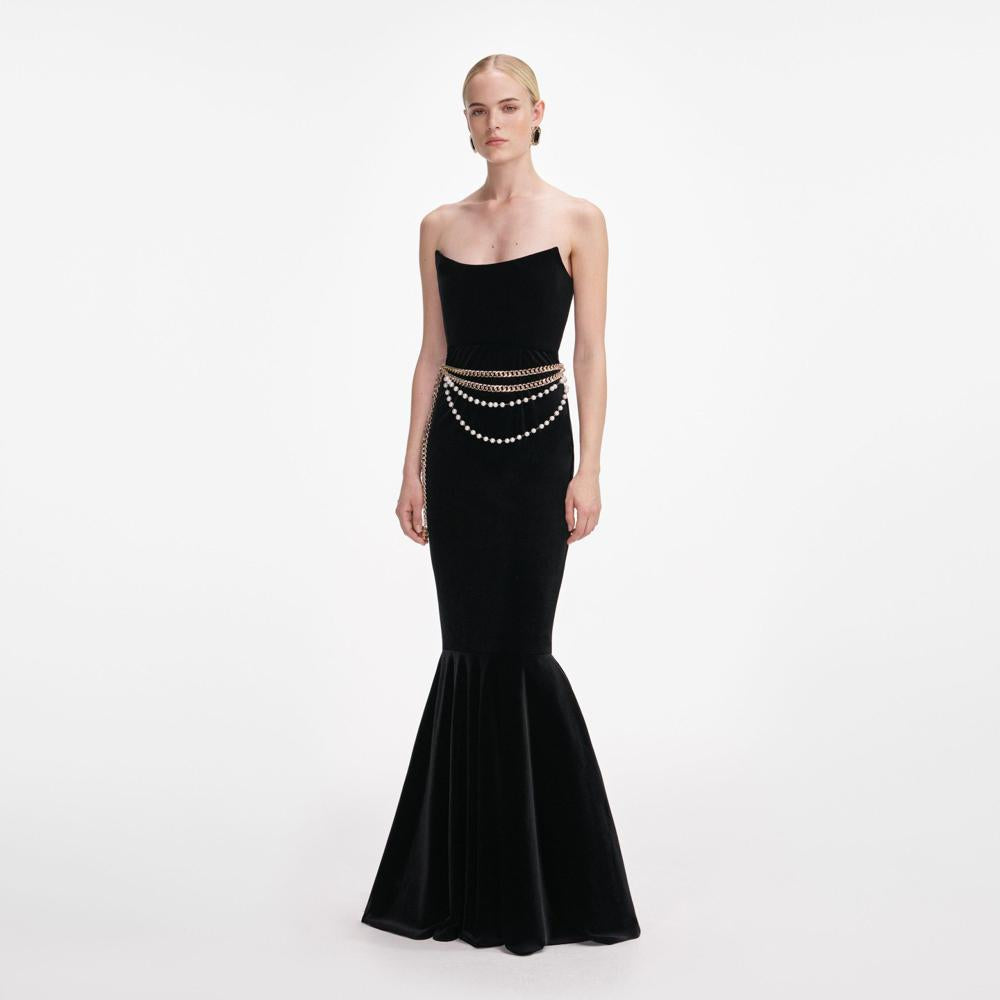 SP VIP PRICE Black Velvet Chain Belt Maxi Dress