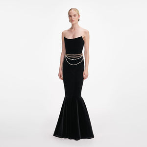 SP VIP PRICE Black Velvet Chain Belt Maxi Dress