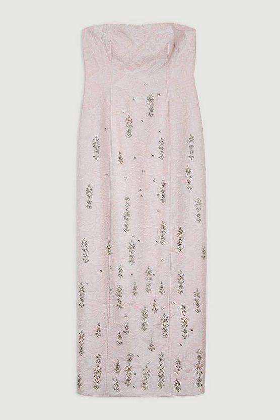 Karen Millen UK SALE Texture Jacquard Crystal Embellished Strapless Mini Dress - pink