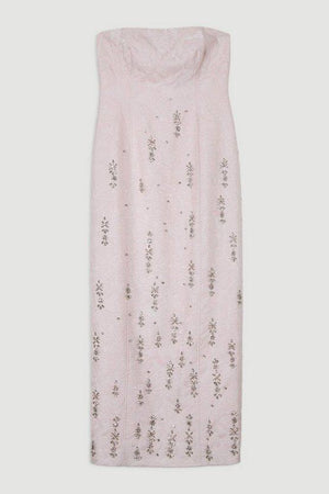 Karen Millen UK SALE Texture Jacquard Crystal Embellished Strapless Mini Dress - pink