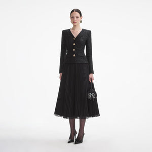 SELF PORTRAIT SS24 Black Tinsel Boucle Chiffon Midi Dress