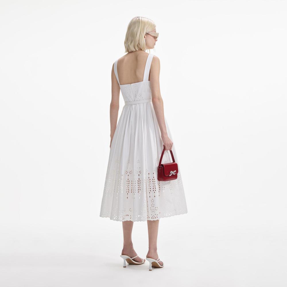 SELF PORTRAIT SS24 White Cotton Broderie Midi Dress