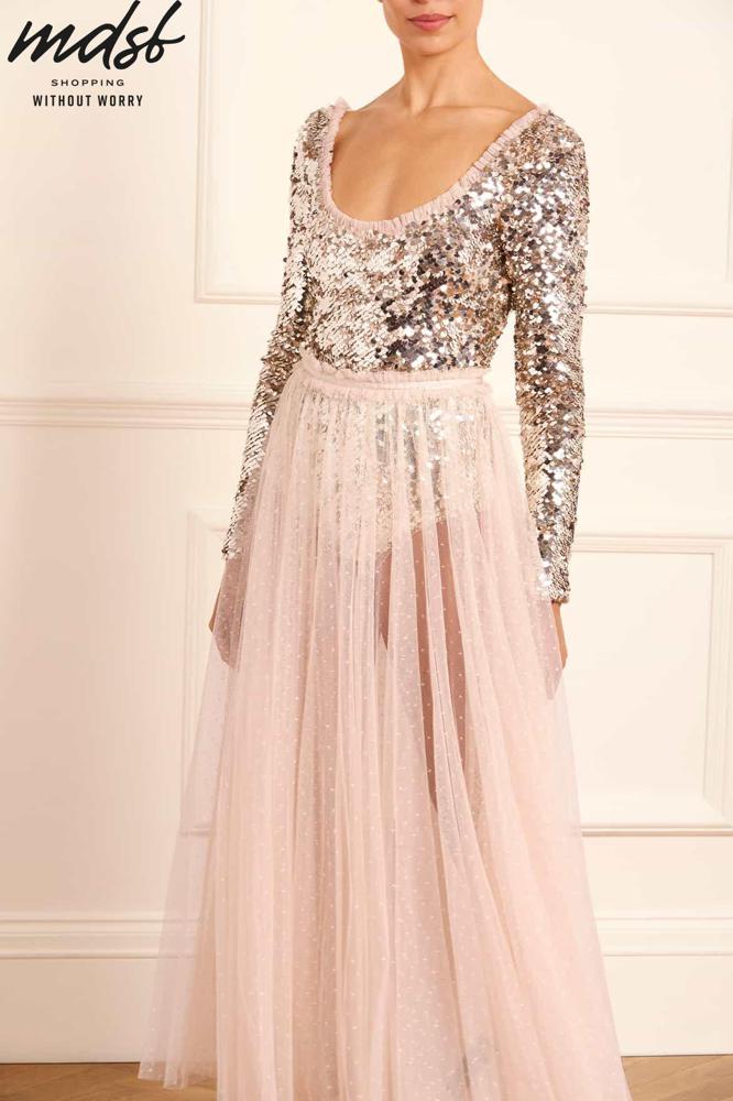 Needle & Thread PO and SALE Ballet Sequin Bodysuit Ankle Gown - beige