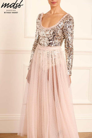 Needle & Thread PO and SALE Ballet Sequin Bodysuit Ankle Gown - beige