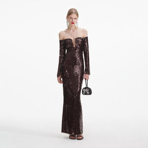 SELF PORTRAIT SS24 Brown Sequin Off Shoulder Maxi Dress