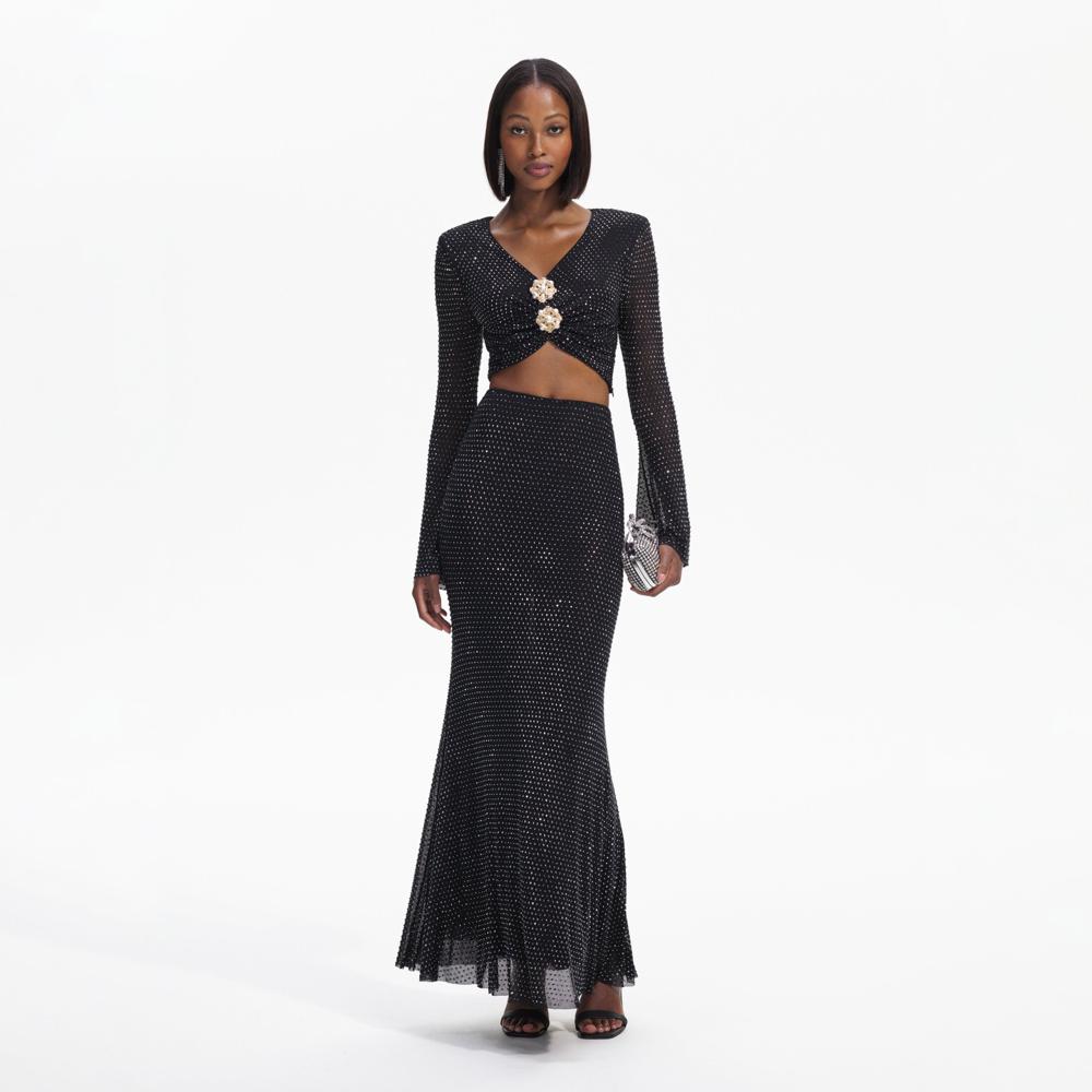 SELF PORTRAIT BLACK FRIDAY SALE Black Rhinestone  Maxi Skirt