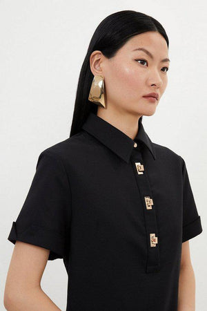 Karen Millen UK SALE Tall Techno Cotton Woven Short Dress With Gold Clasps