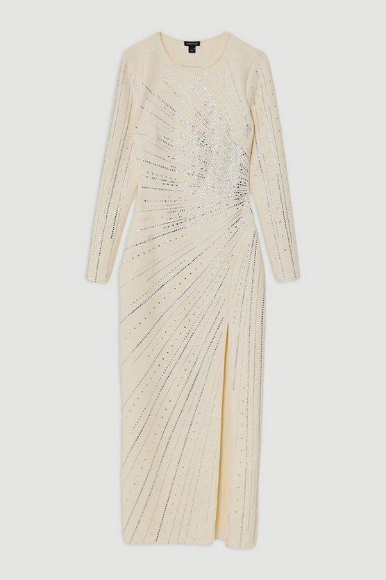 Karen Millen UK SALE Figure Form Bandage Knit All Over Embellished Maxi Dress - cream