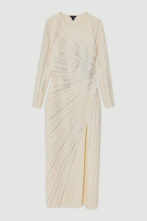 Karen Millen UK SALE Figure Form Bandage Knit All Over Embellished Maxi Dress - cream