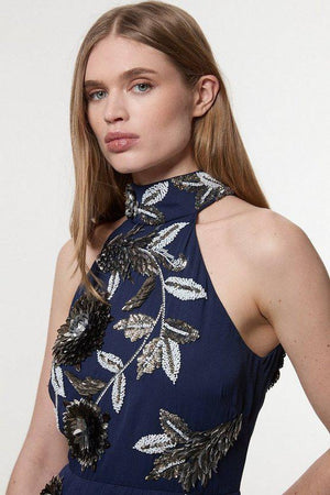 Karen Millen UK SALE Floral 3D Embellished Halter Tie Neck Woven Maxi Dress