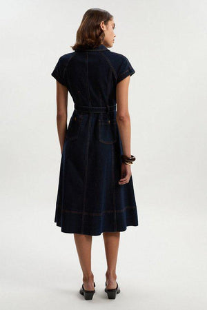 Karen Millen UK SALE Denim Corset Waist Detail Full Midi Dress