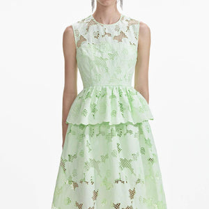 SELF PORTRAIT SS24 Mint Cotton Lace Peplum Midi Dress