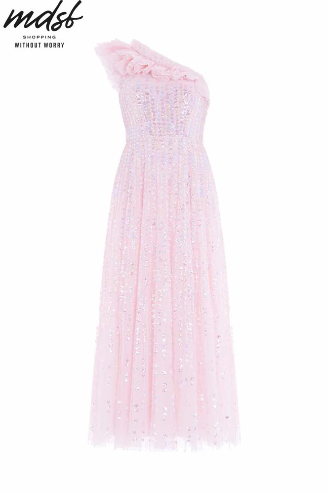 Needle & Thread CHRISTMAS SALE Raindrop One-Shoulder Ankle Gown - pink