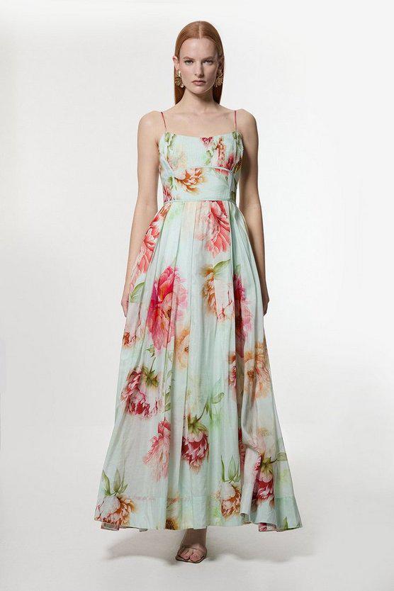 Karen Millen UK SALE Silk Cotton Mirrored Floral Strappy Woven Maxi Dress