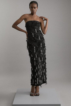 Karen Millen UK SALE Crystal Embellished Textured Jacquard Bandeau Tailored Midaxi Dress - black