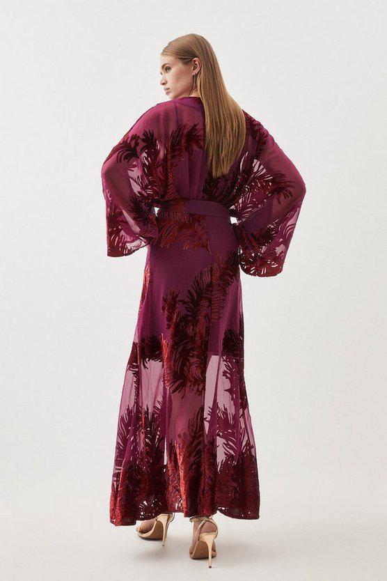 Karen Millen UK SALE Feather Devore Woven Kimono Maxi Dress - fig