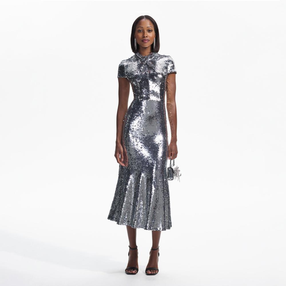 SELF PORTRAIT BLACK FRIDAY SALE Silver Sequin Twist Neck Midi Dress