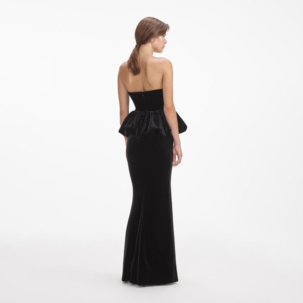 SELF PORTRAIT SS24 Black Velvet Peplum Maxi Dress