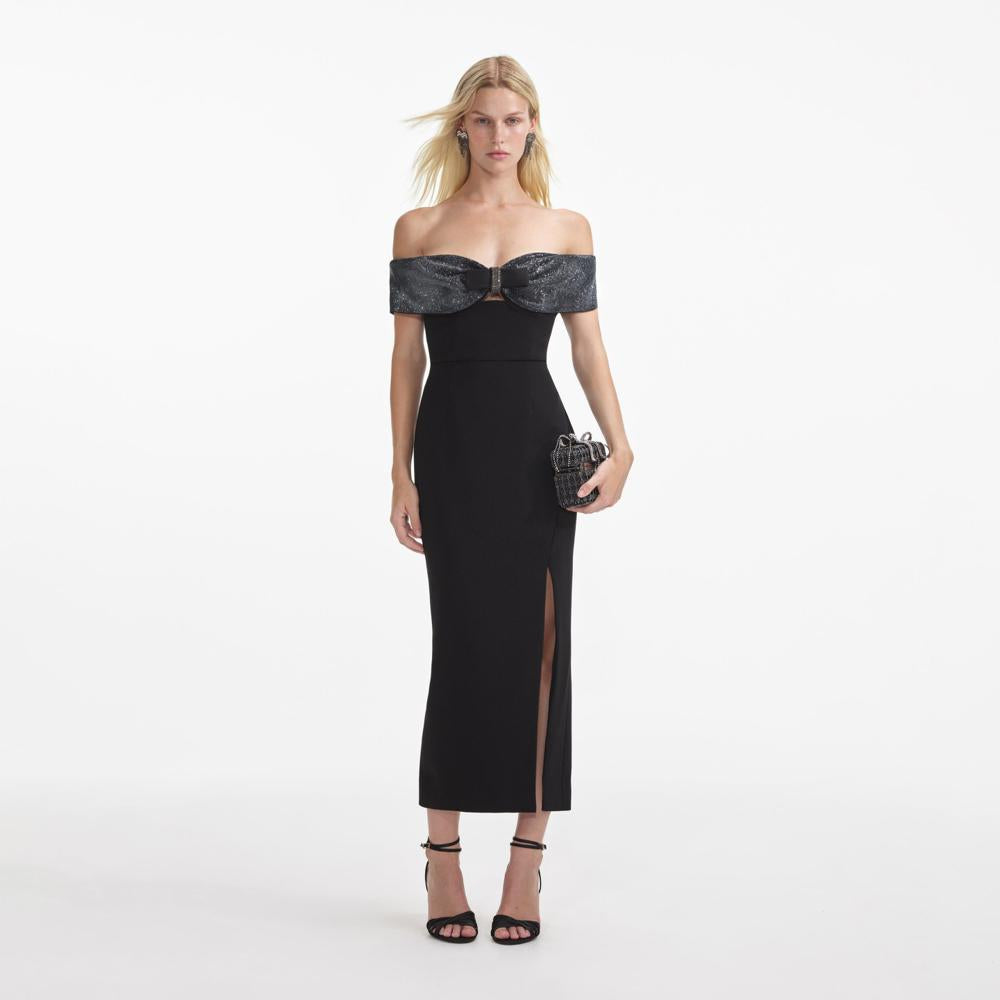 SELF PORTRAIT SS24 Black Crepe Bow Midi Dress