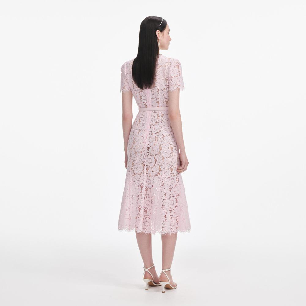 SP VIP PRICE Pink Lace Bow Trim Midi Dress