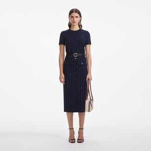 SELF PORTRAIT SS25 VIP PRICE Navy Rhinestone Pinstripe Midi Skirt