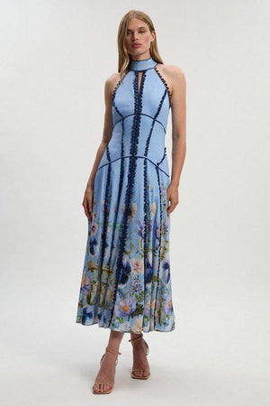 Karen Millen UK SALE Trailing Floral Woven Halter Neck Maxi Dress