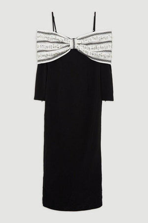 Karen Millen UK SALE Crystal Embellished Bow Detail Woven Maxi Dress - mono