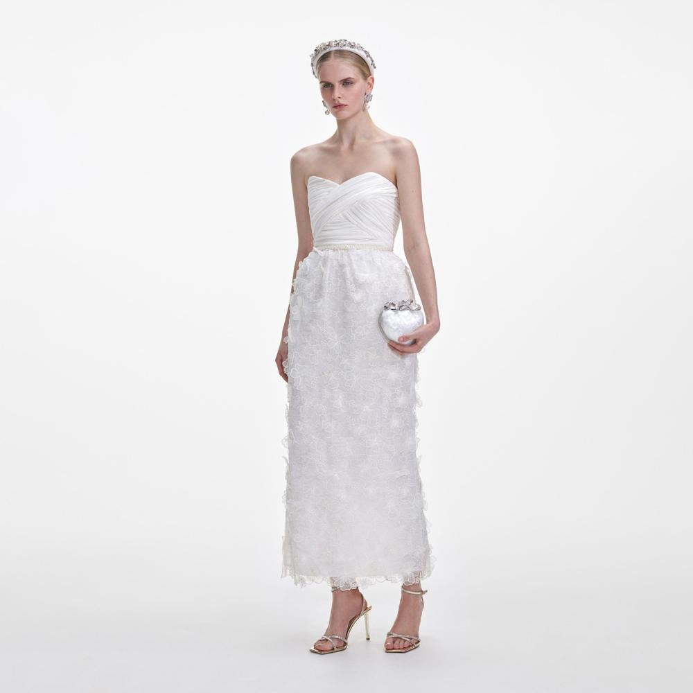 SELF PORTRAIT SS25 VIP PRICE White Organza Bandeau Midi Dress