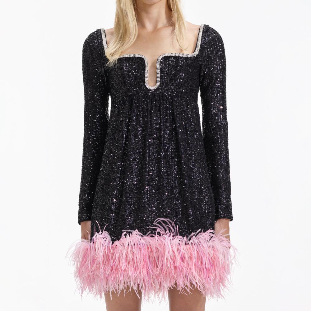 SELF PORTRAIT BLACK FRIDAY SALE Black Sequin Feather Hem Mini Dress