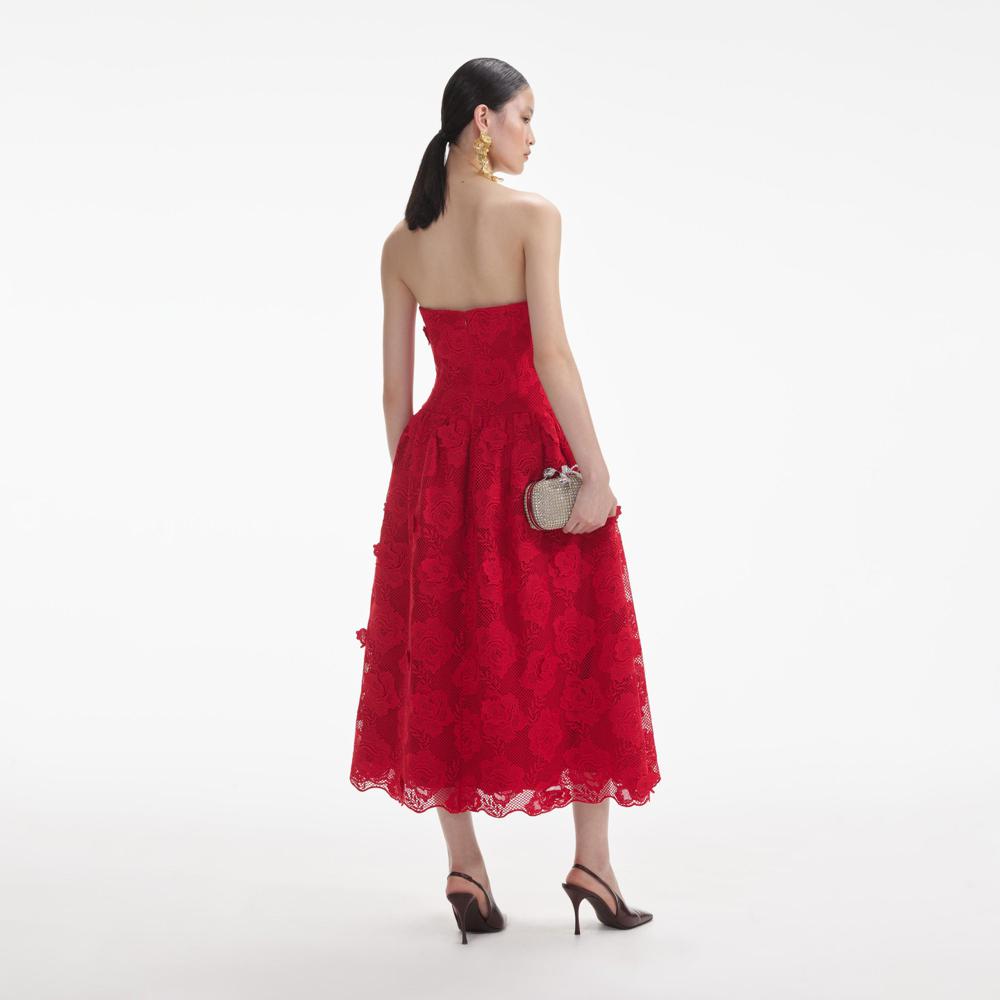 SELF PORTRAIT VIP SS24 Red Bandeau Lace Midi Dress