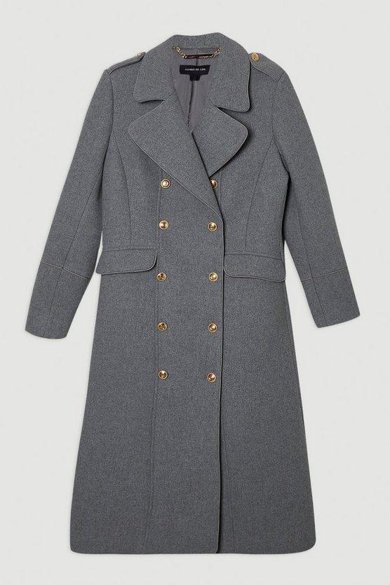 Karen Millen UK SALE Wool Double Breasted Military Tailored Midi Coat - grey marl