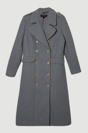 Karen Millen UK SALE Wool Double Breasted Military Tailored Midi Coat - grey marl